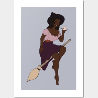 Beautiful Black Witch Flying On Her Magic Broom Posters and Art